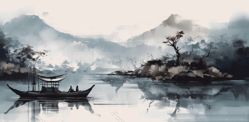 水墨山水湖泊意境中国风美景,插画/手绘图,插画/手绘图库,插画/手绘图下载,插画/手绘